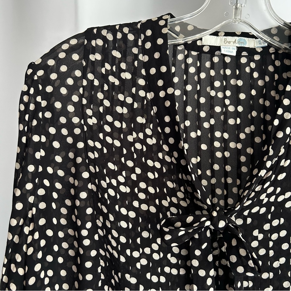 NWOT Sheer Boden Chiffon Black & White Polka Dot Blouse w Neckties US 12